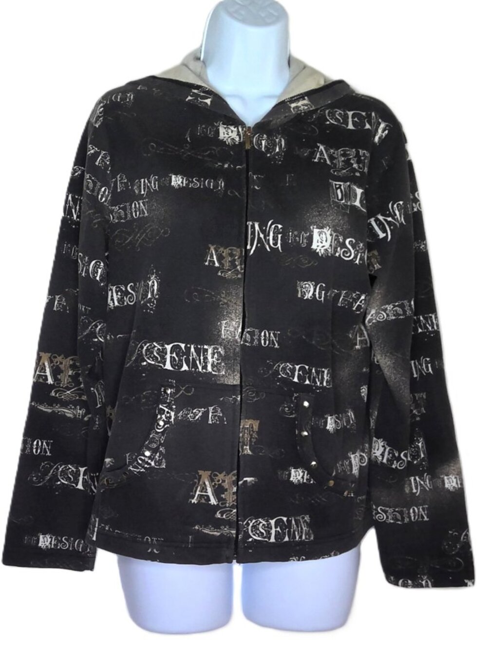Onque Casuals Hoodie Gray Tan & Cream Full Zip Y2k Studded Pockets Stretch Sz M